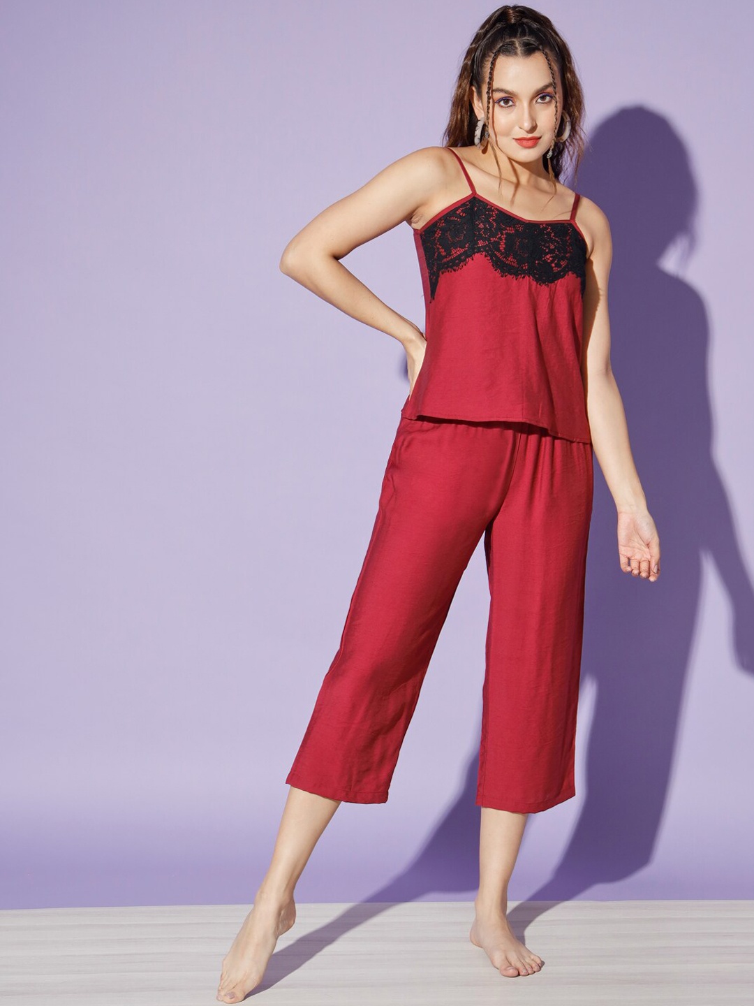 

WoowZerz Shoulder Straps Lace Up Detail Night Suit, Maroon