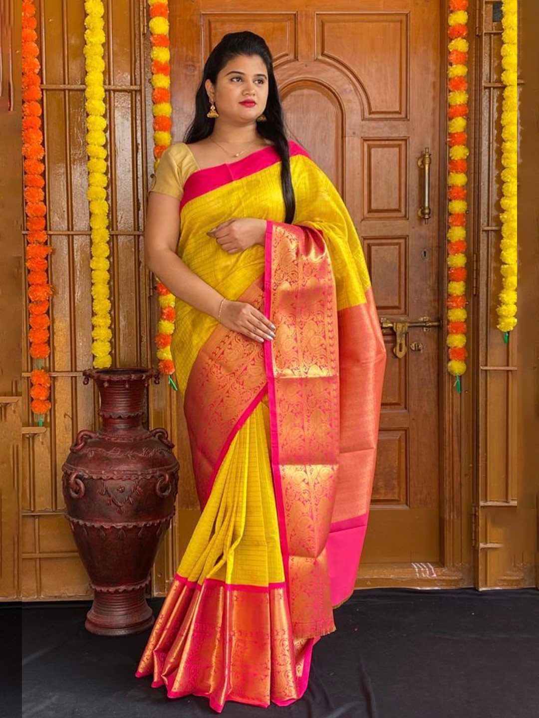 

Fab Viva Woven Design Zari Pure Silk Banarasi Saree, Yellow