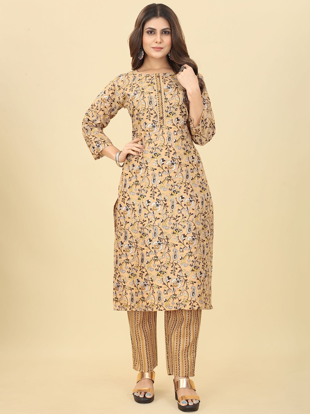 

KALINI Ethnic Motifs Printed Thread Work Kurta with Trousers, Beige