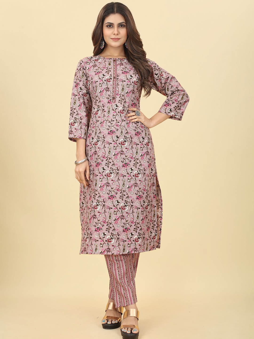 

KALINI Floral Printed Thread Work Kurta with Trousers, Mauve