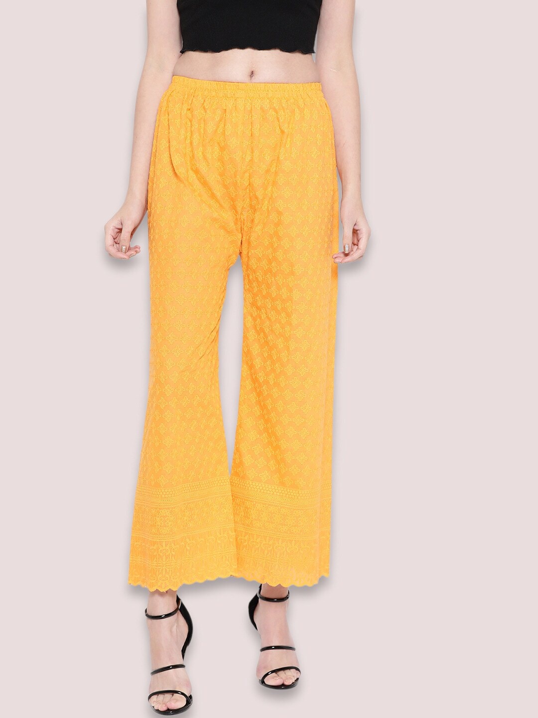 

Vastraa Fusion Women Chikankari Embroidered Flared Palazzos, Yellow