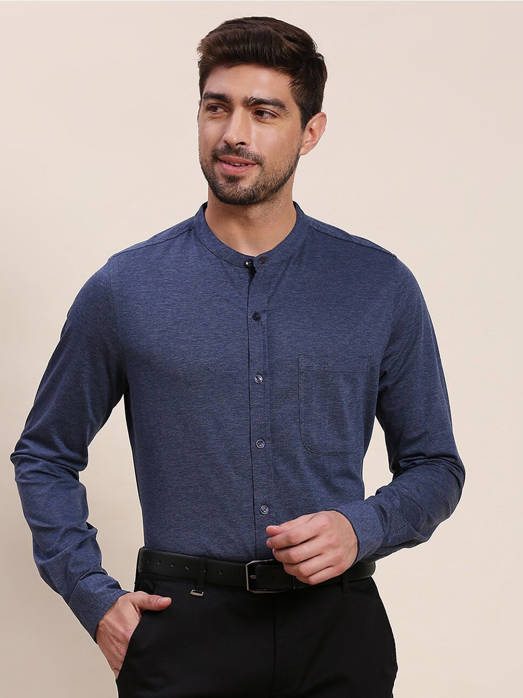 

INVICTUS Band Collar Original Slim Fit Opaque Knit Formal Shirt, Blue