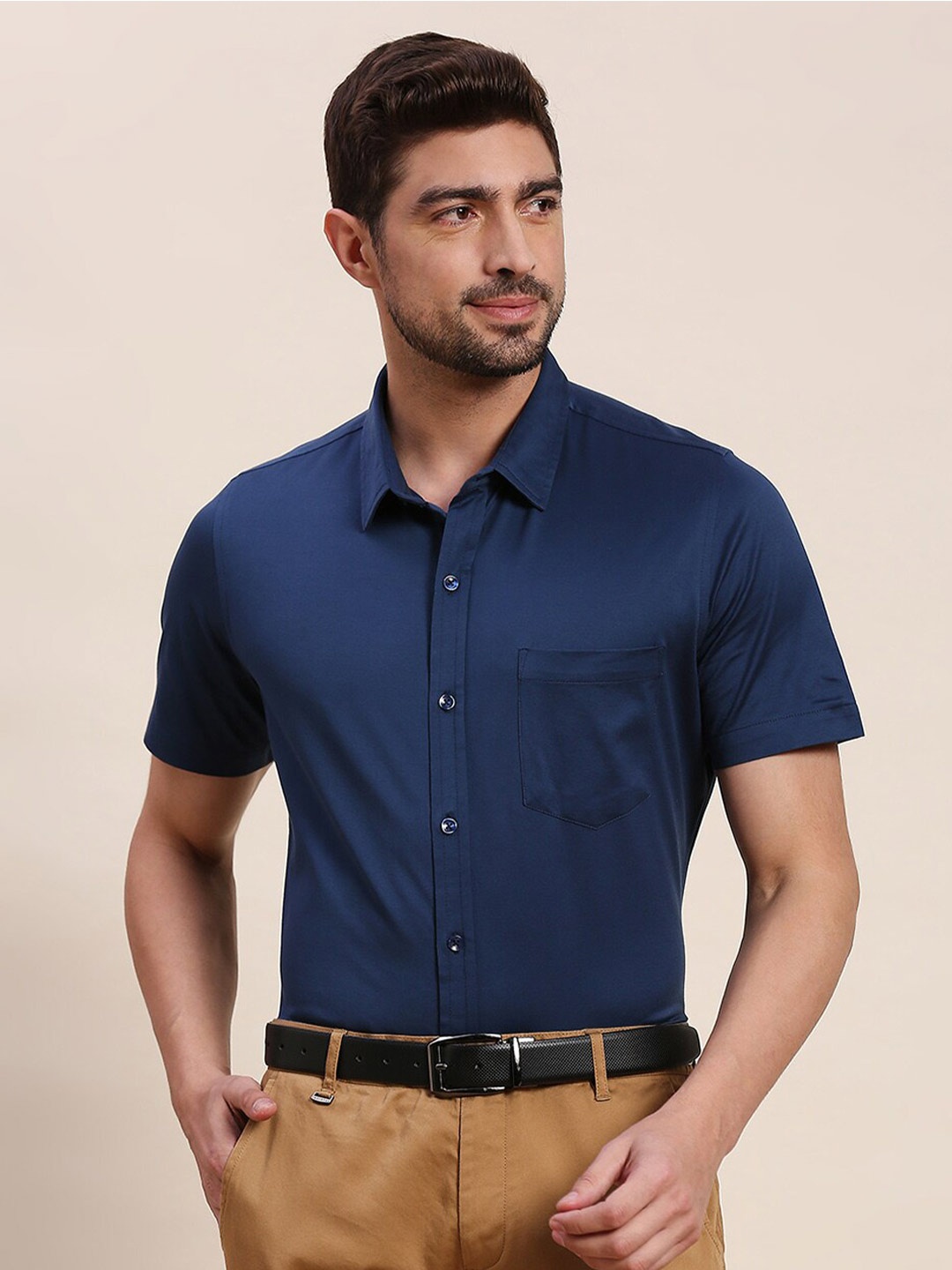

INVICTUS Spread Collar Original Slim Fit Knit Formal Shirt, Navy blue
