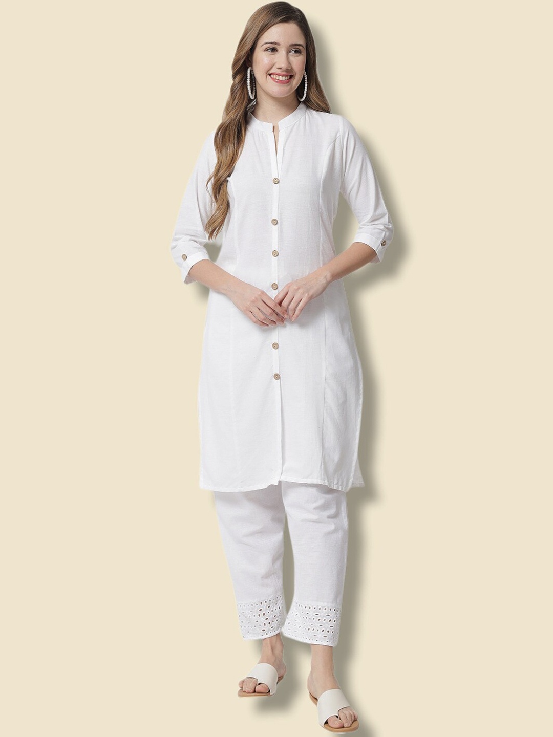 

Vastraa Fusion Mandarin Collar Regular Pure Cotton Kurta with Trousers, White
