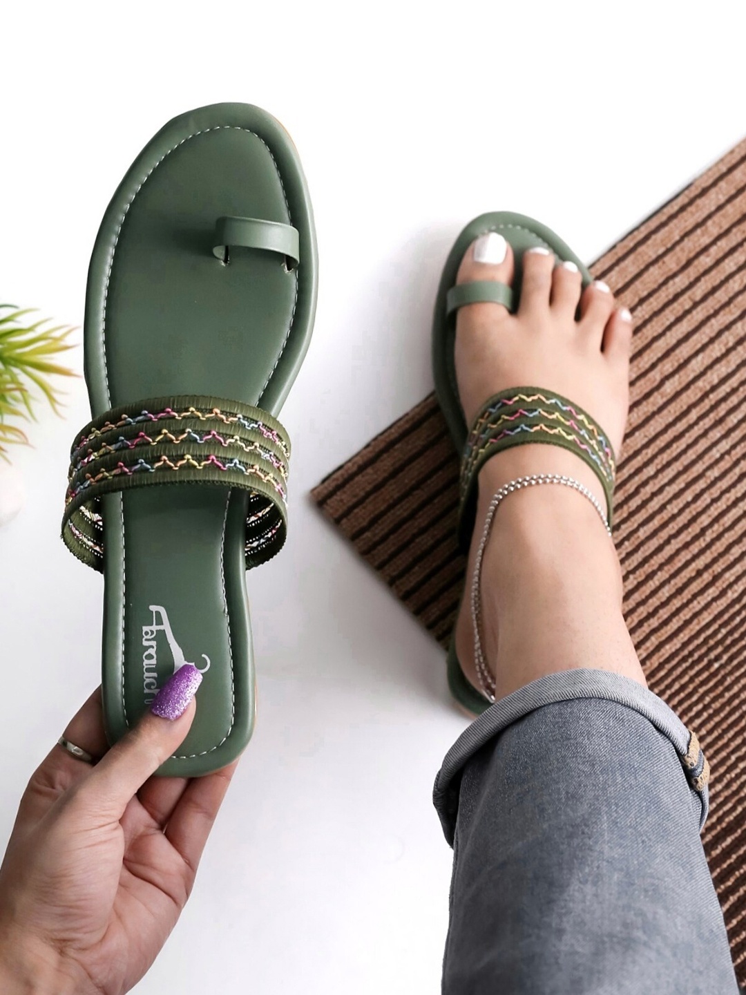

Brauch Women Woven Design Open One Toe Flats, Sea green
