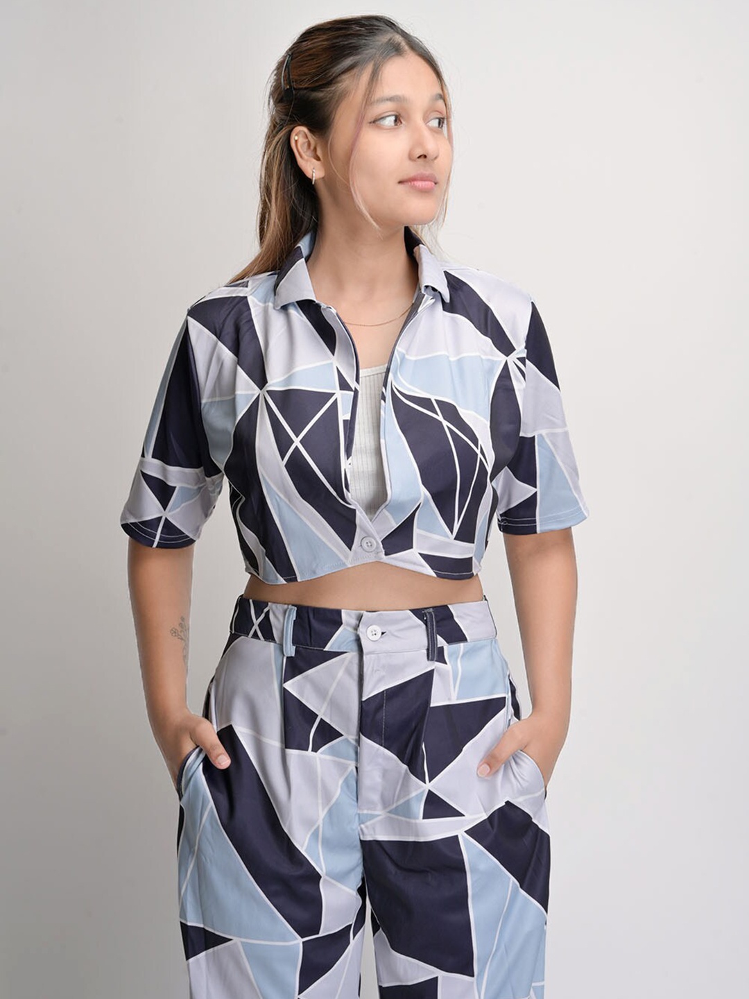 

Street Style Store Geometric Printed Crop Shirt & Trousers, Blue