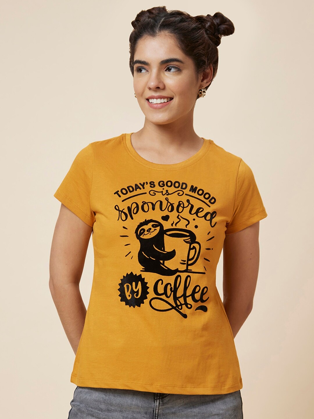 

Globus Yellow Typography Printed Round Neck Pure Cotton T-shirt