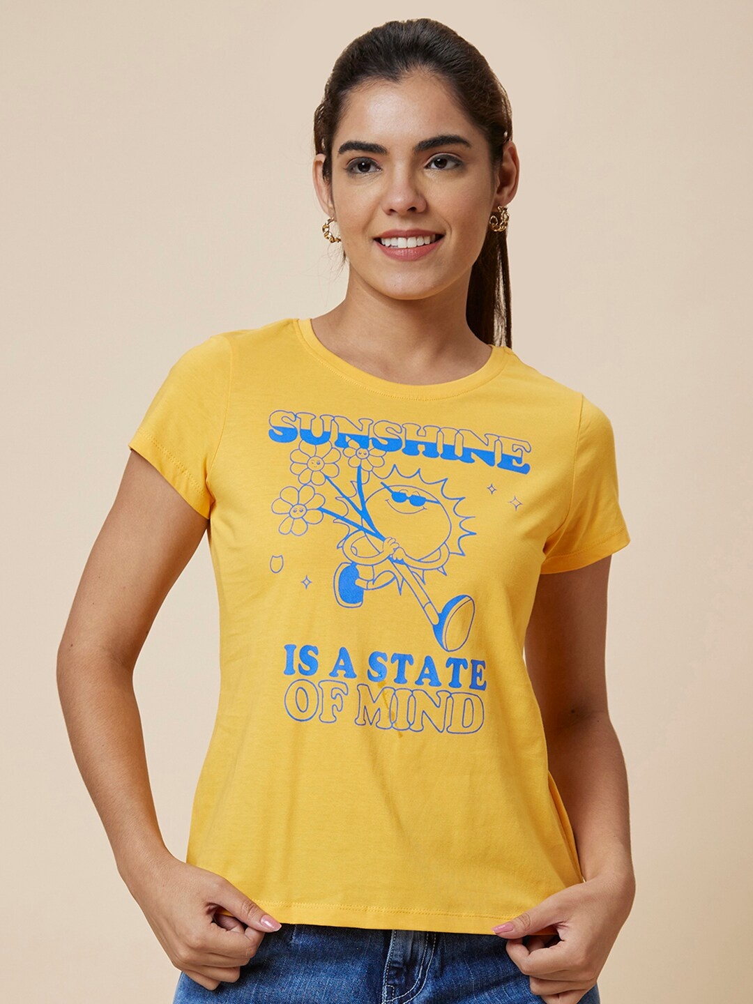 

Globus Yellow Typography Printed Pure Cotton T-shirt