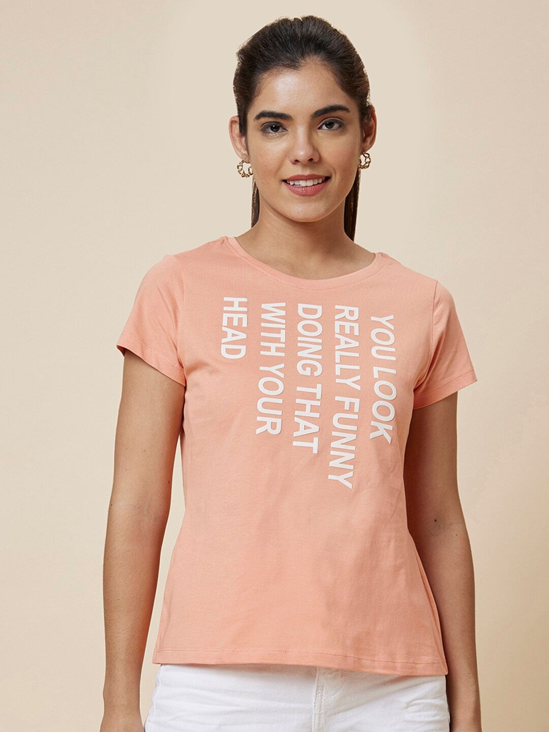 Globus Typography Printed Pure Cotton T-shirt, Peach