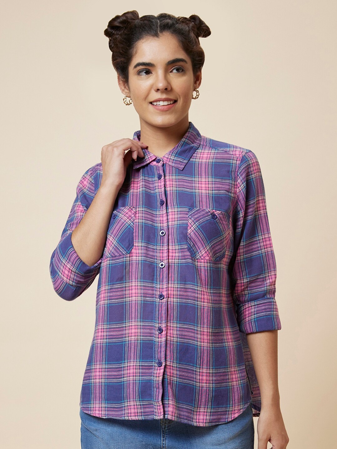 

Globus Blue & Purple Checked Pure Cotton Shirt Style Top