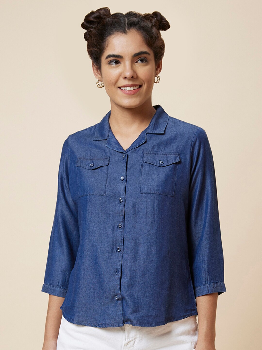 

Globus Women Blue Three-Quarter Sleeves Shirt Style Top