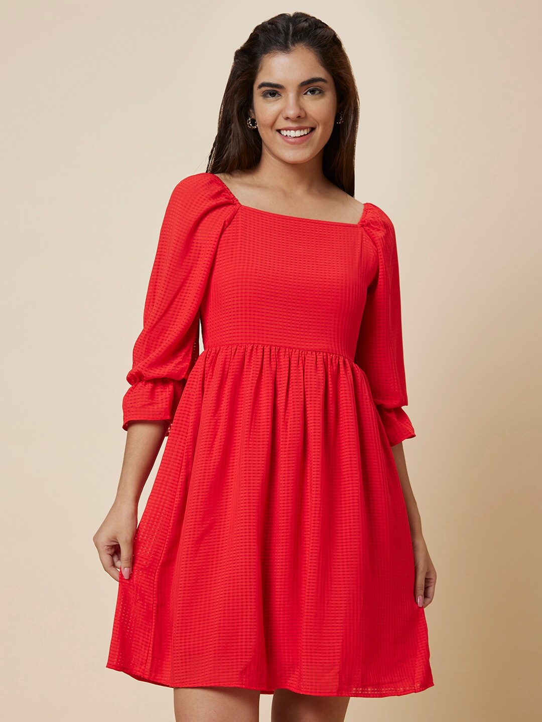 

Globus Red Puff Sleeve Fit & Flare Dress