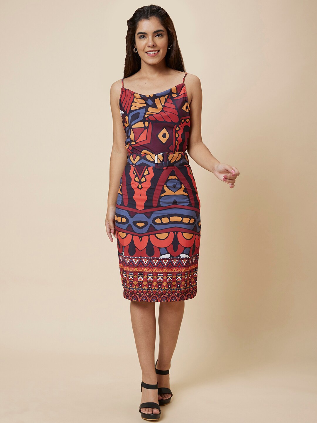 

Globus Navy blue & Red Printed Shoulder Strap Sheath Dress