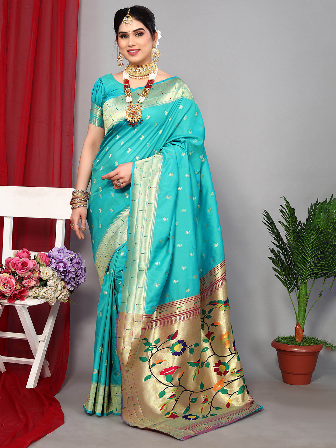 

Ekta Textiles Paisley Woven Design Zari Pure Silk Banarasi Saree, Turquoise blue