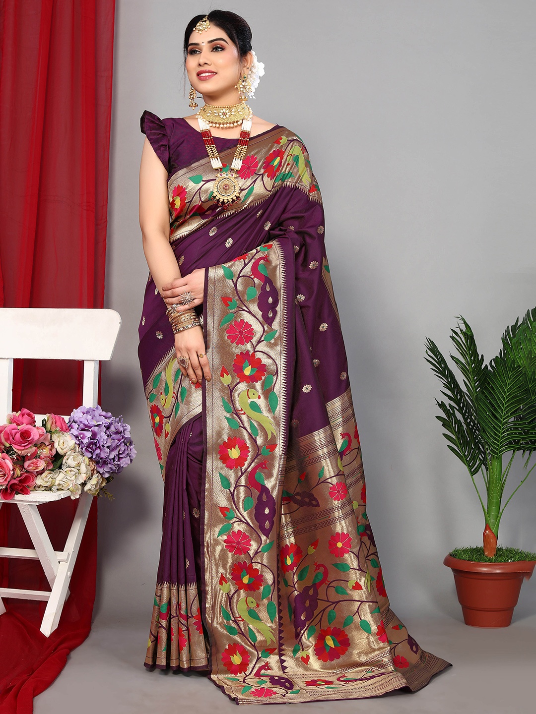 

Ekta Textiles Floral Woven Design Zari Pure Silk Banarasi Saree, Purple