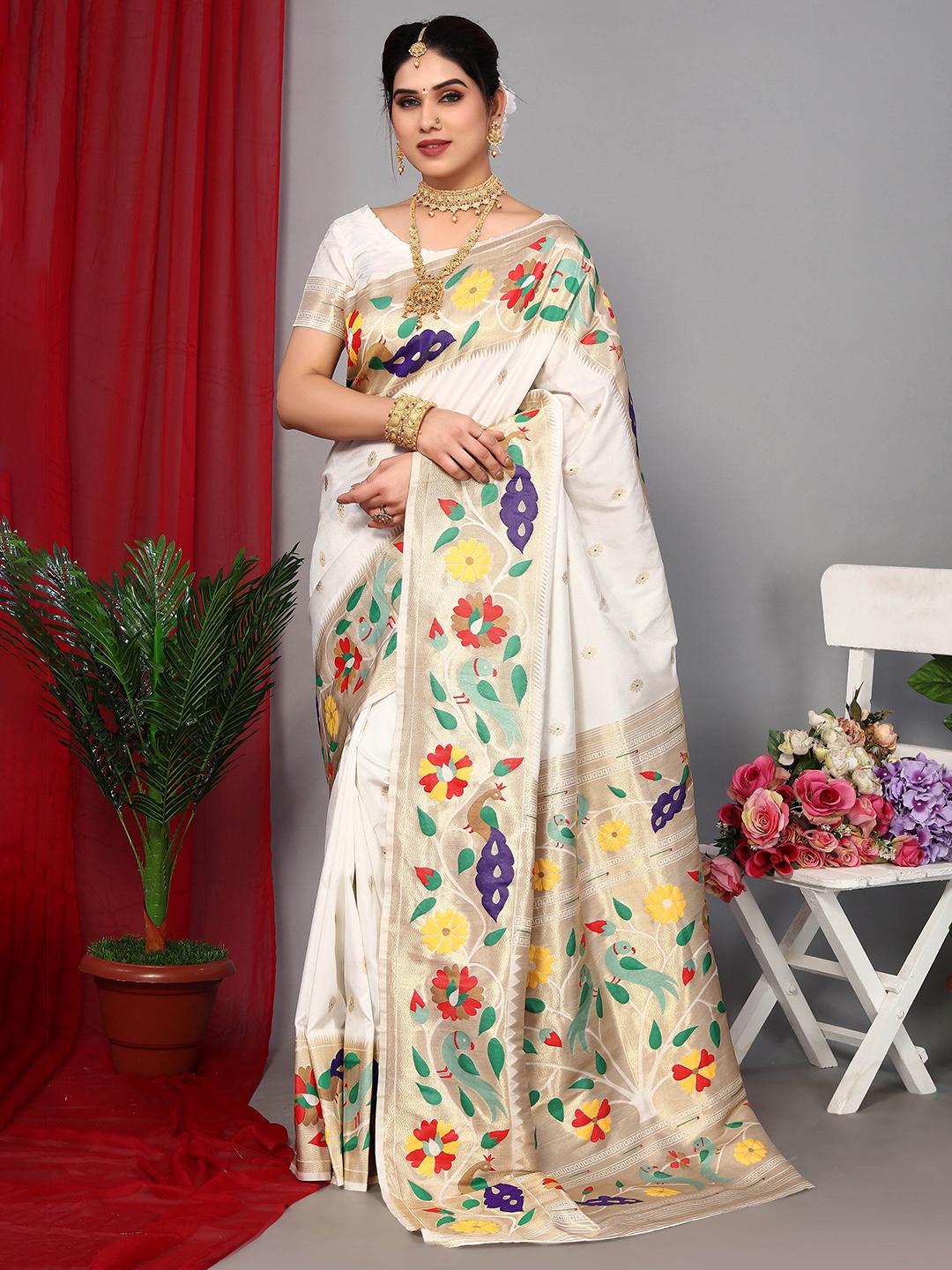 

Ekta Textiles Woven Design Zari Pure Silk Designer Banarasi Saree, White