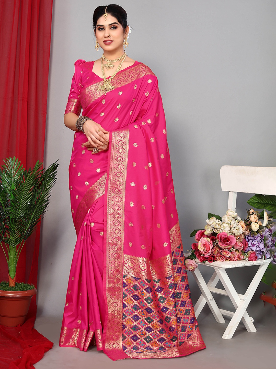 

Ekta Textiles Ethnic Woven Design Zari Pure Silk Banarasi Saree, Pink