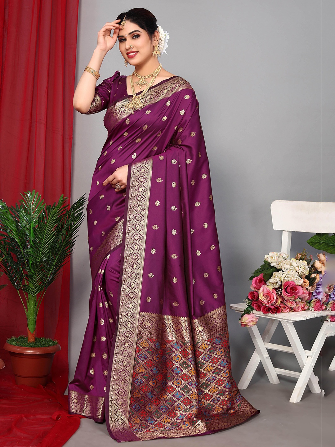 

Ekta Textiles Woven Design Zari Pure Silk Designer Banarasi Saree, Purple