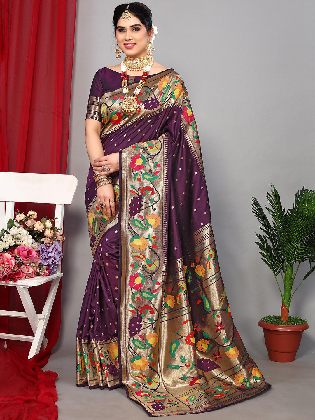 

Ekta Textiles Polka Dots Woven Design Zari Pure Silk Banarasi Saree, Purple
