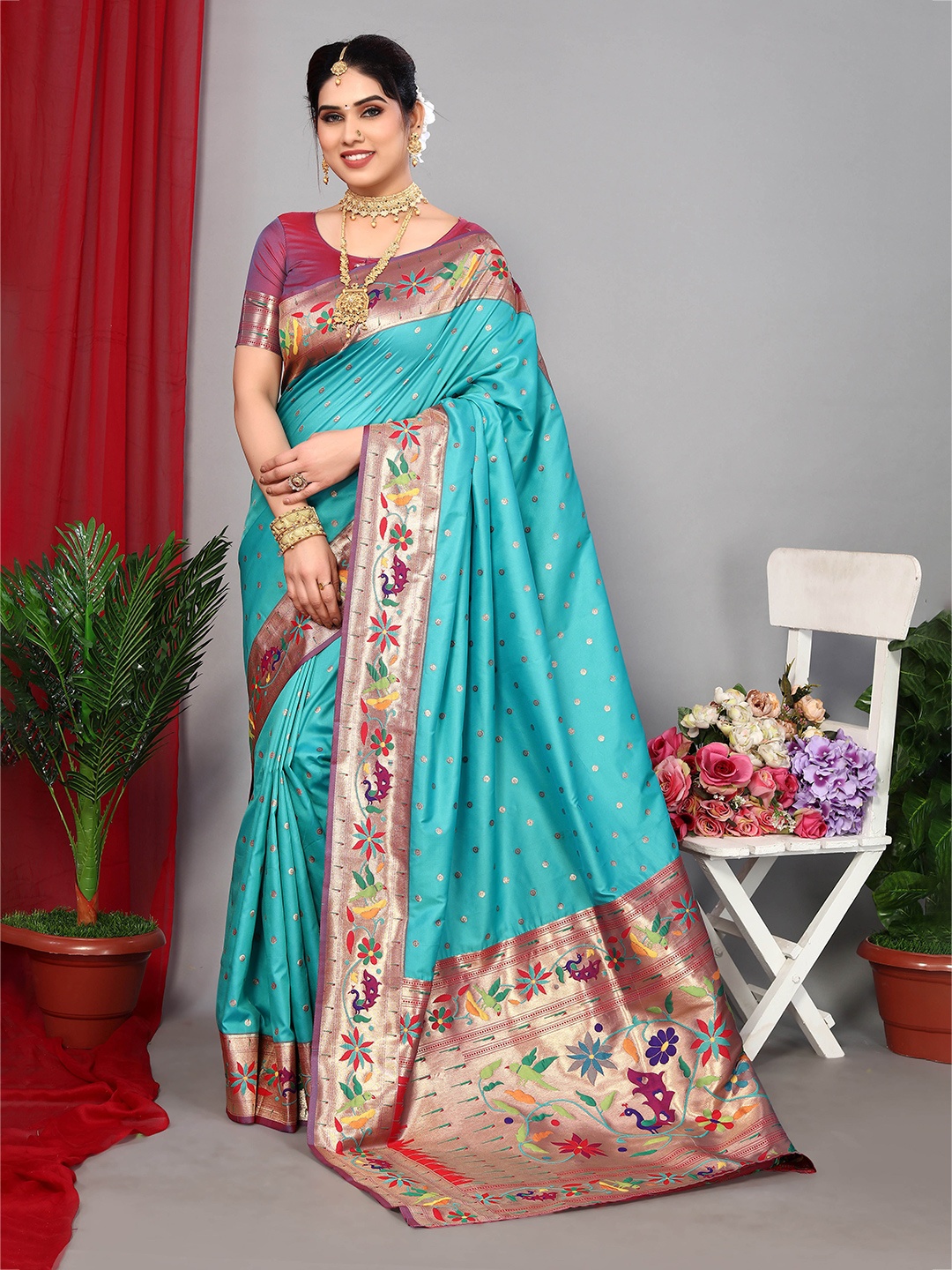 

Ekta Textiles Ethnic Motif Woven Design Zari Pure Silk Banarasi Saree, Turquoise blue