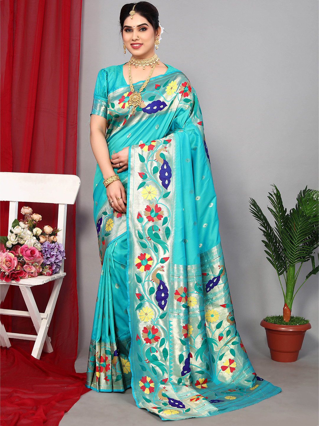 

Ekta Textiles Floral Woven Design Zari Pure Silk Banarasi Saree, Turquoise blue