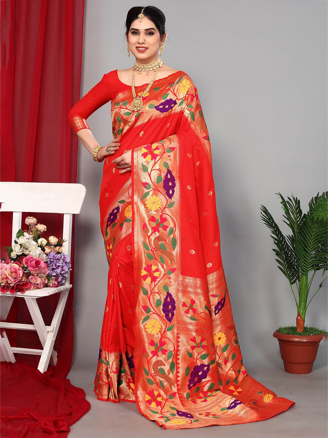 

Ekta Textiles Floral Woven Design Zari Pure Silk Banarasi Saree, Red