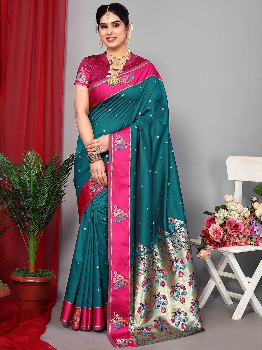 

Ekta Textiles Floral Woven Design Zari Pure Silk Designer Banarasi Saree, Turquoise blue