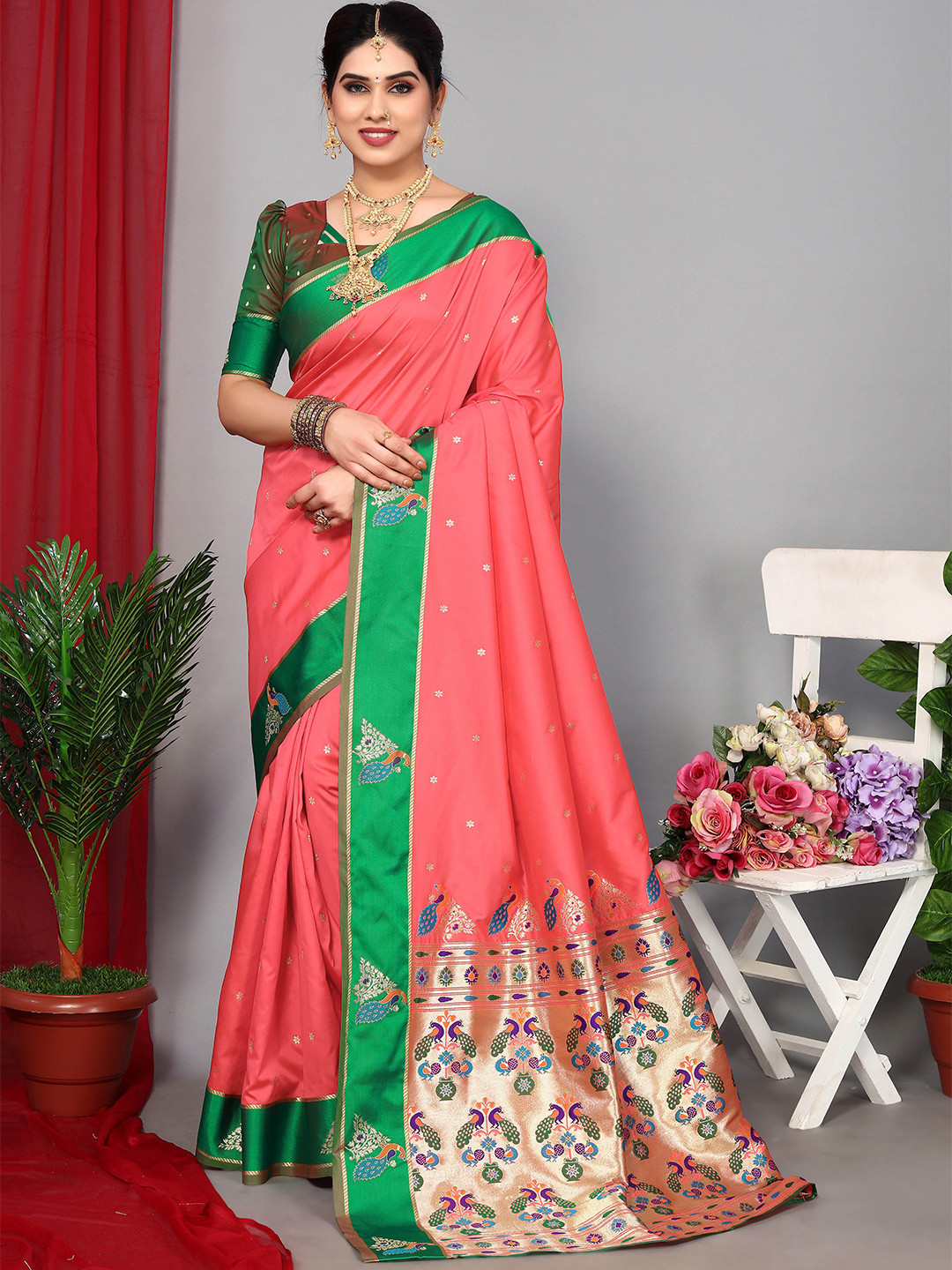 

Ekta Textiles Ethnic Woven Design Zari Pure Silk Banarasi Saree, Peach
