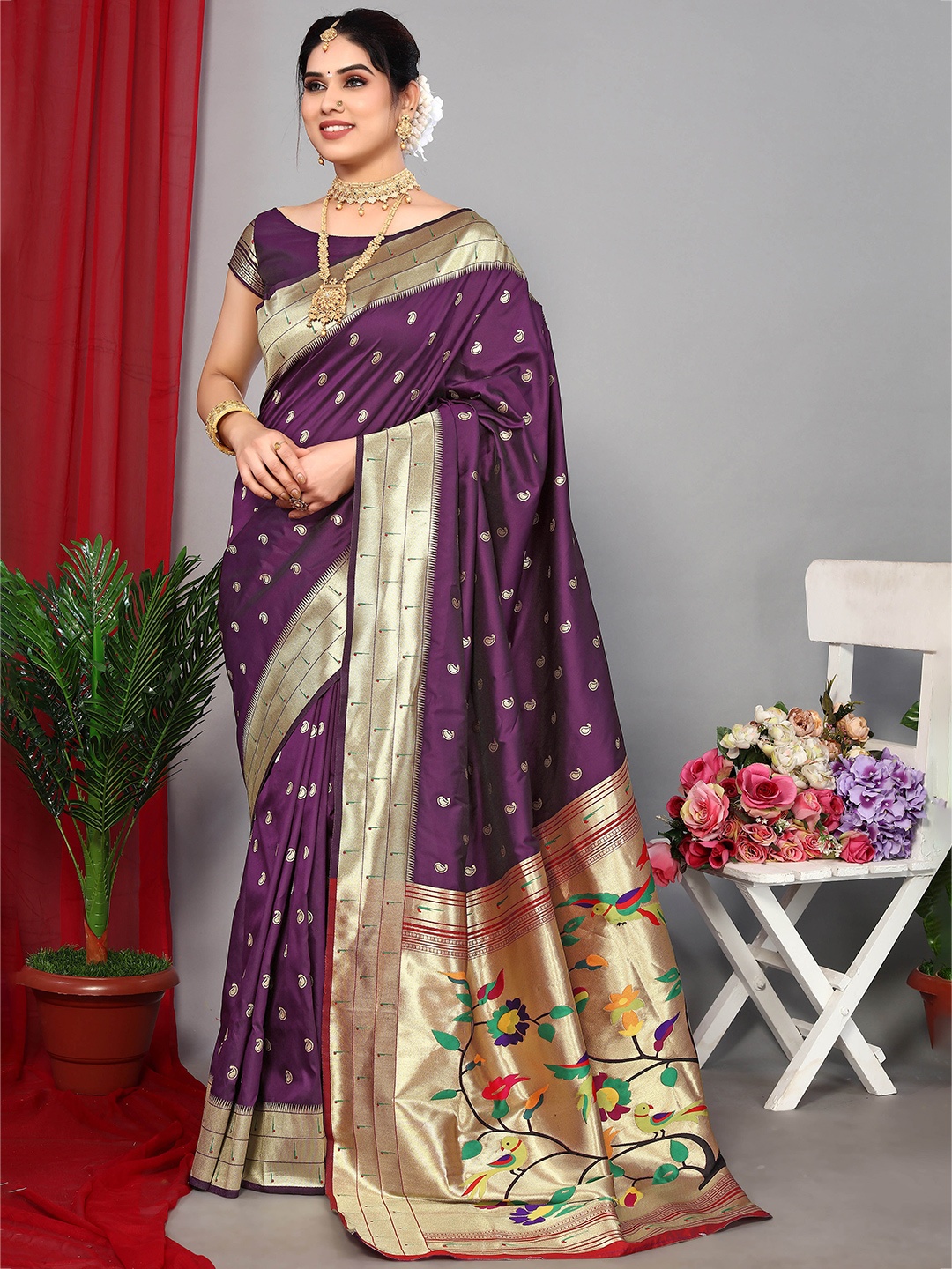 

Ekta Textiles Ethnic Woven Design Zari Pure Silk Banarasi Saree, Violet