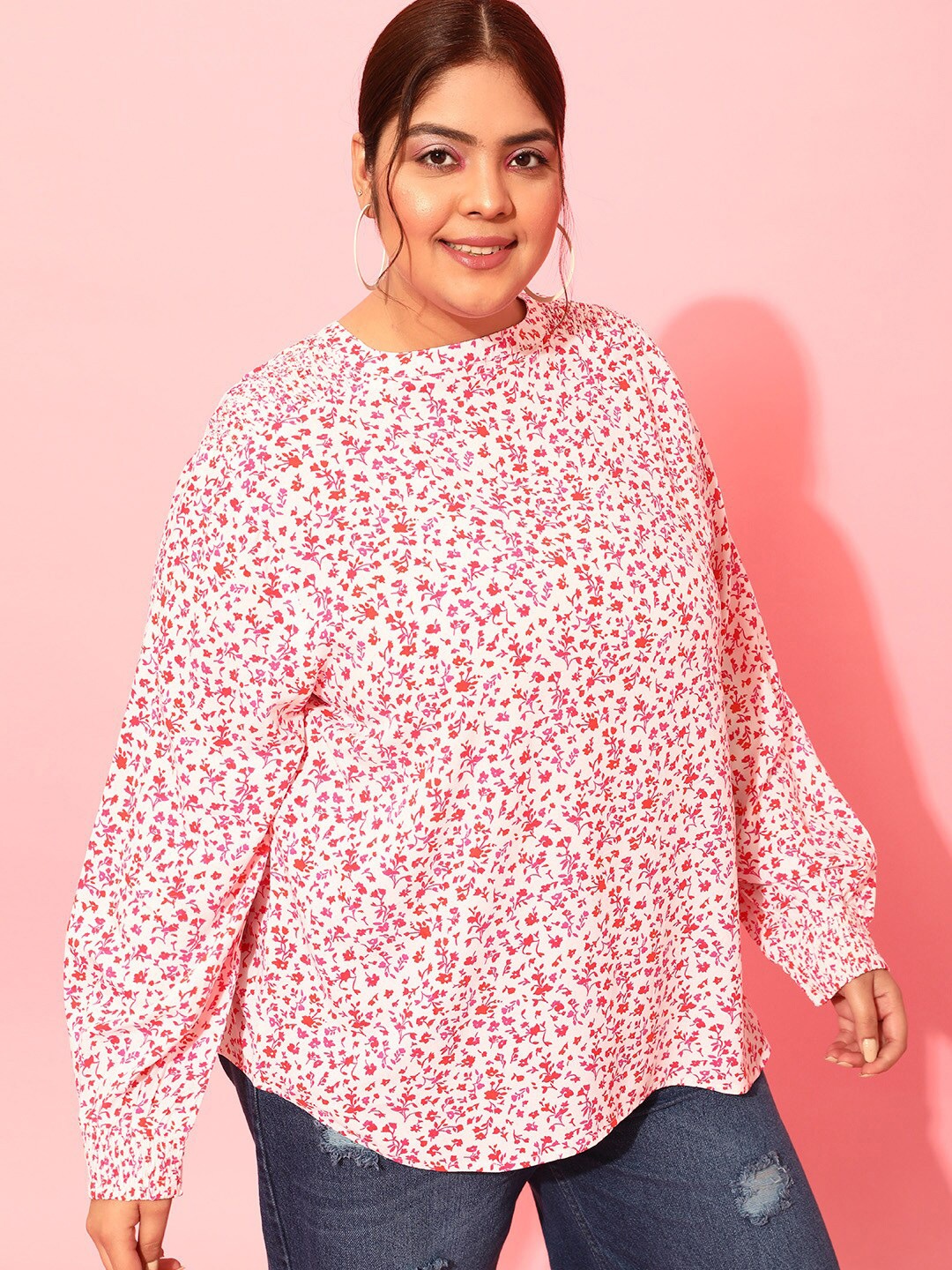 

CURVY STREET Plus Size Floral Printed Round Neck Top, Pink