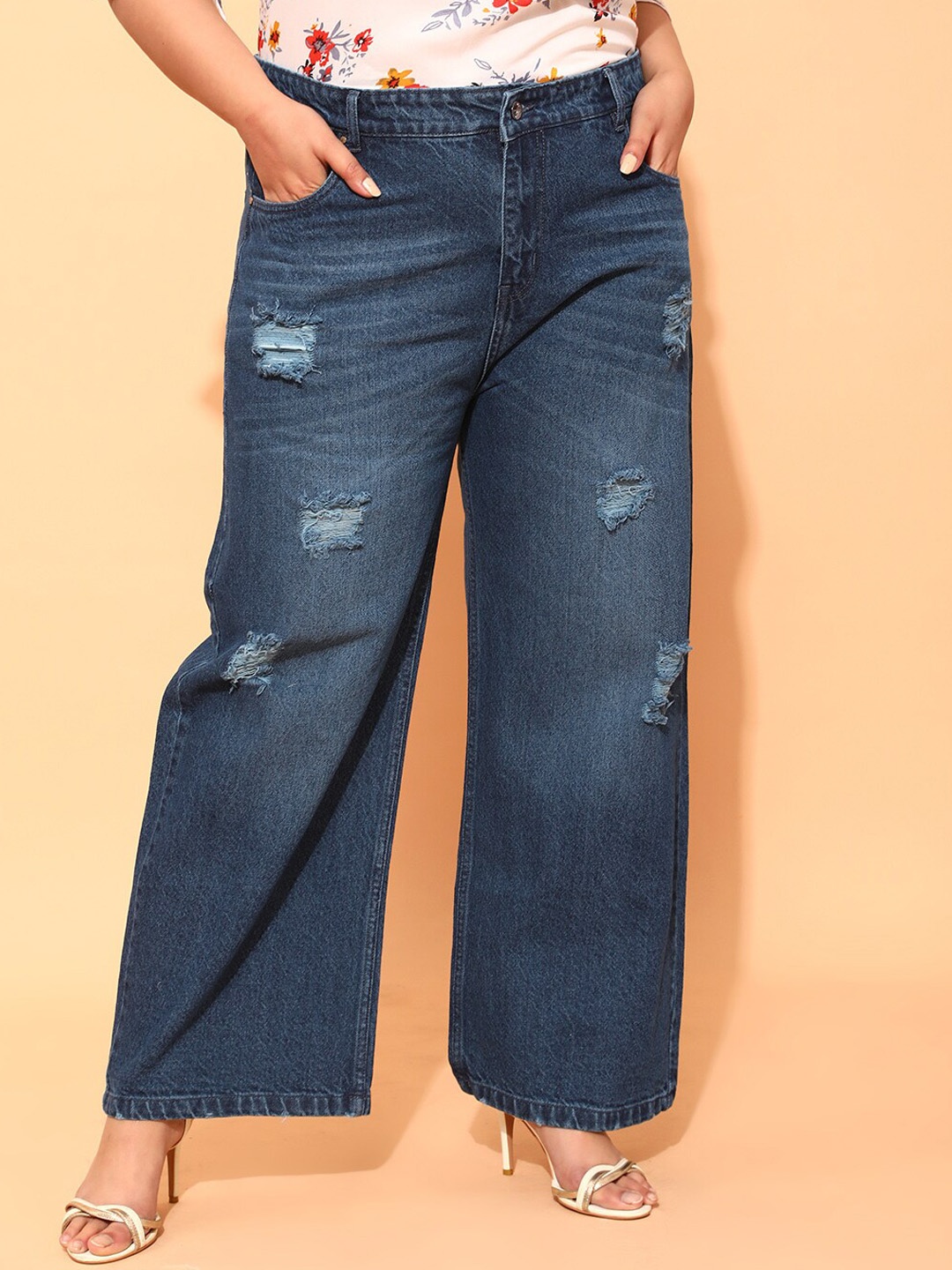 

CURVY STREET Plus Size Women Blue Comfort Mildly Distressed Pure Cotton Flared Jeans