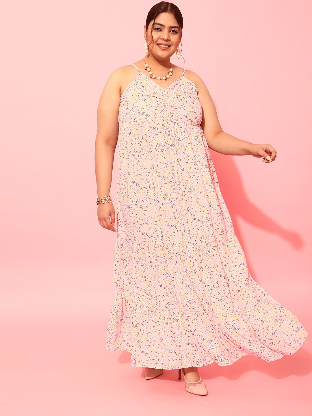 

CURVY STREET Plus Size Peach-Coloured & White Floral Printed Shoulder Straps A-Line Dress