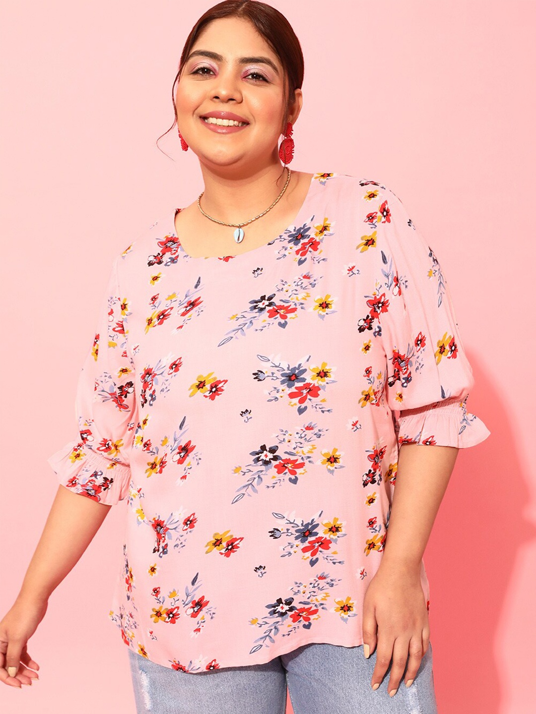 

CURVY STREET Plus Size Floral Printed Round Neck Crepe Top, Pink