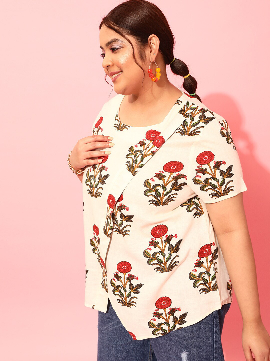 

CURVY STREET Plus Size Floral Printed Square Neck Crepe Top, Cream