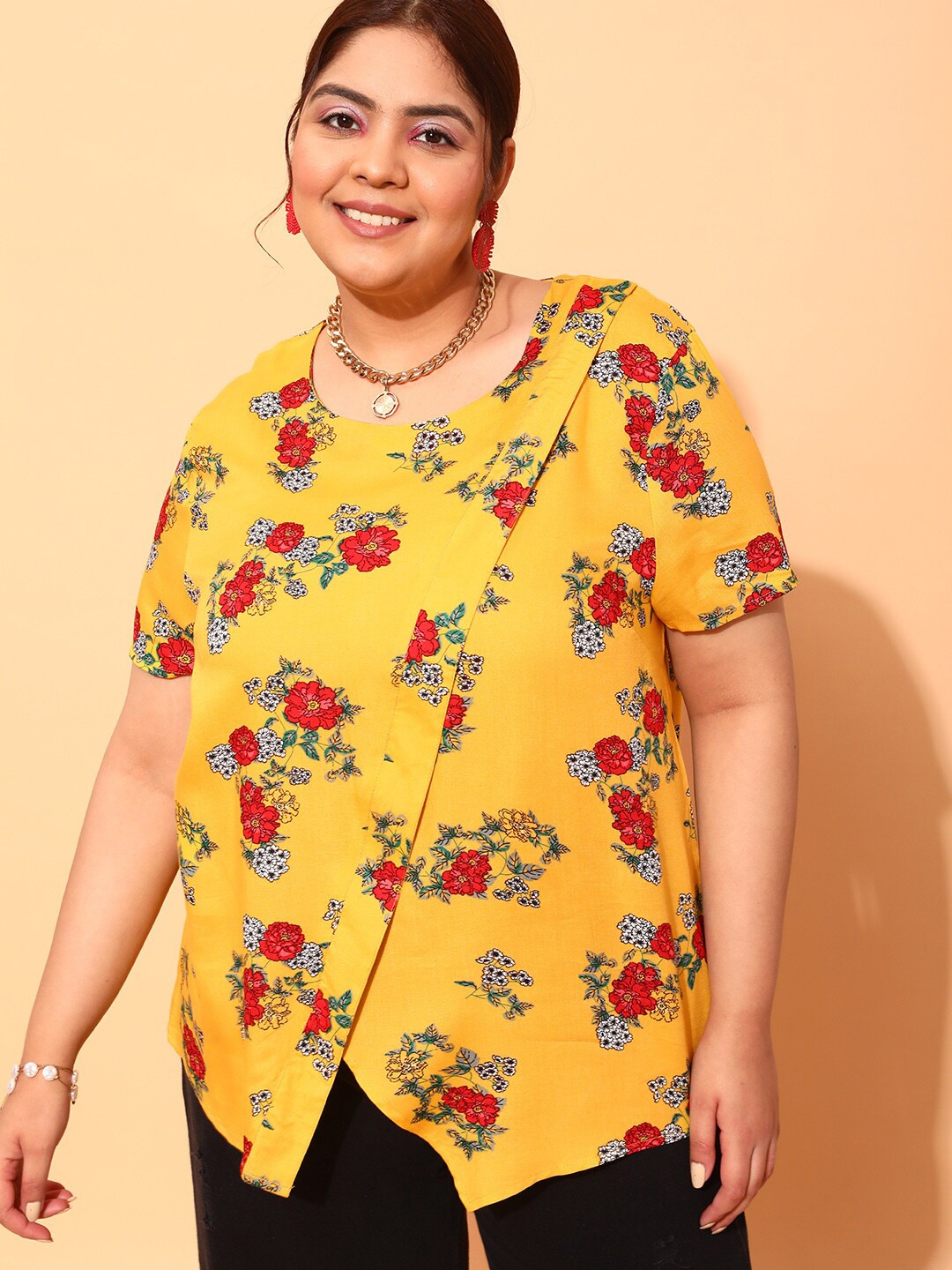

CURVY STREET Plus Size Floral Printed Round Neck Crepe Top, Yellow