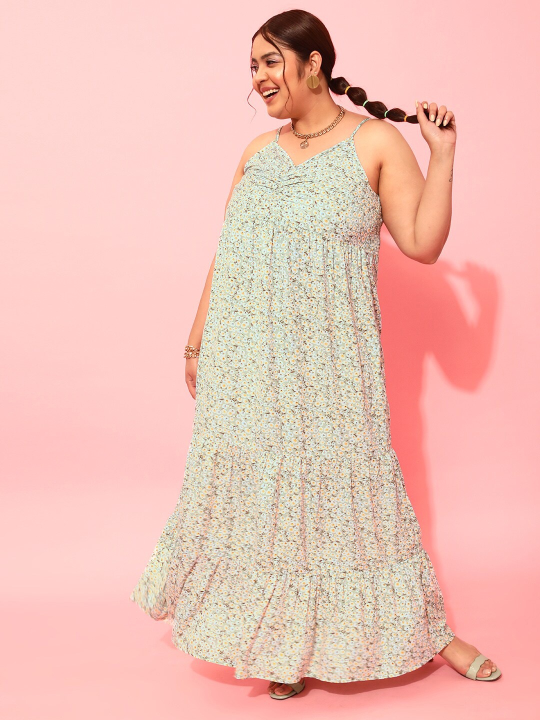 

CURVY STREET Plus Size Sea Green & White Floral Printed Shoulder Straps Maxi Dress