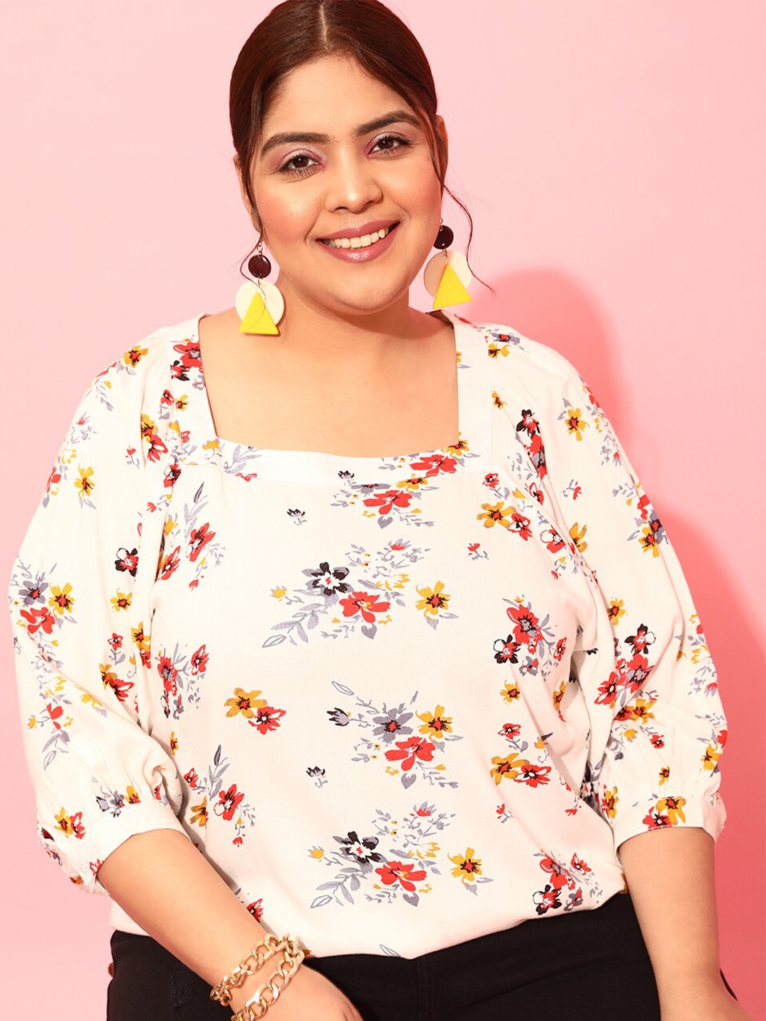 

CURVY STREET Plus Size Floral Printed Square Neck Crepe Top, Cream