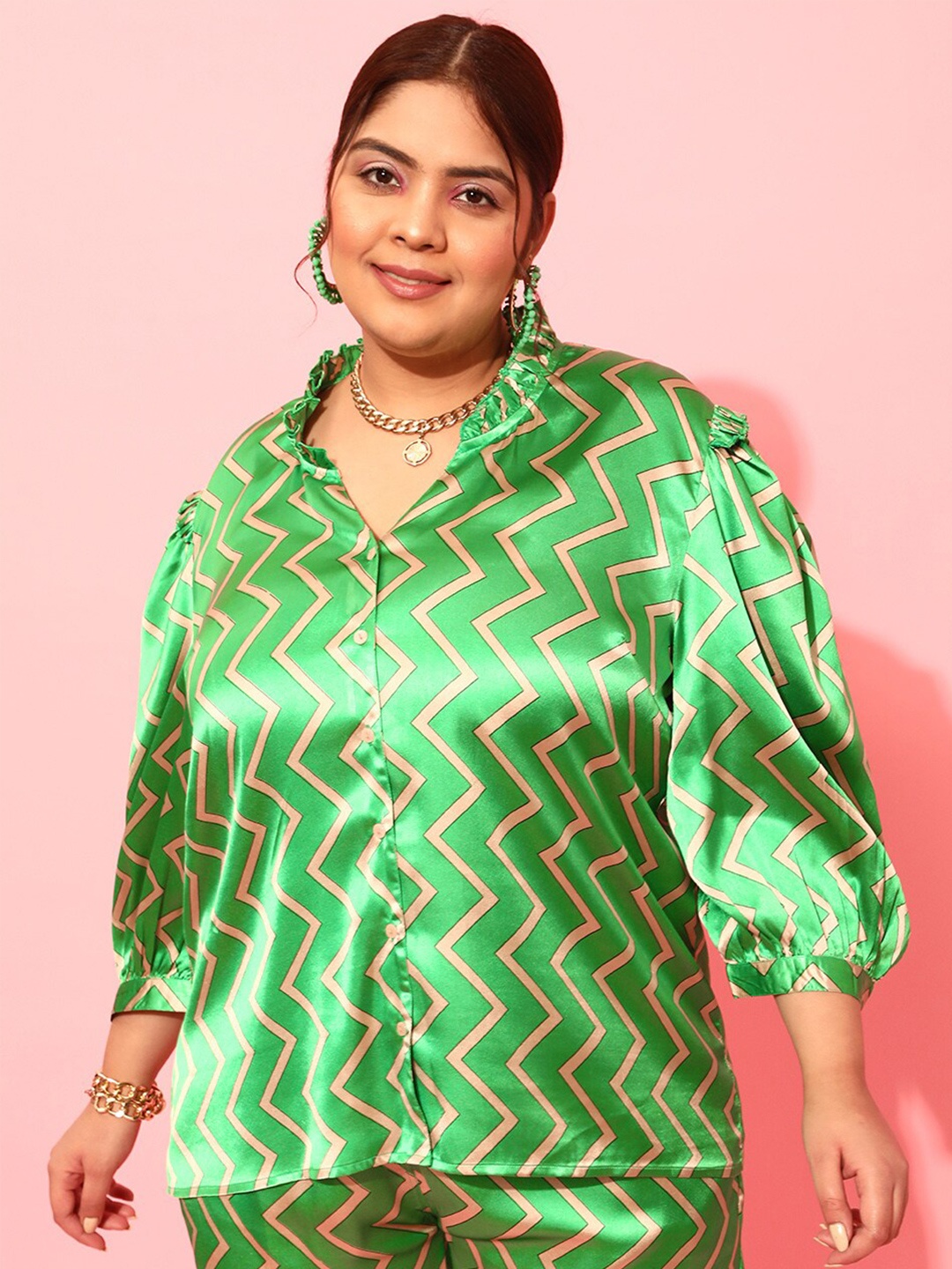 

CURVY STREET Plus Size Comfort Fit Geometric Printed Puff Sleeves Satin Shirt, Green