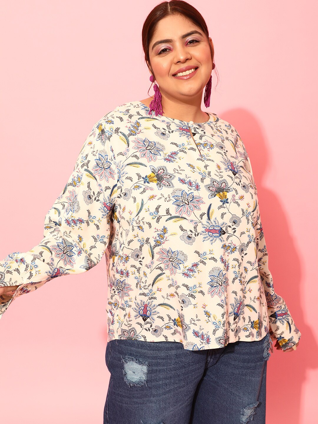 

CURVY STREET Plus Size Floral Printed Top, Cream