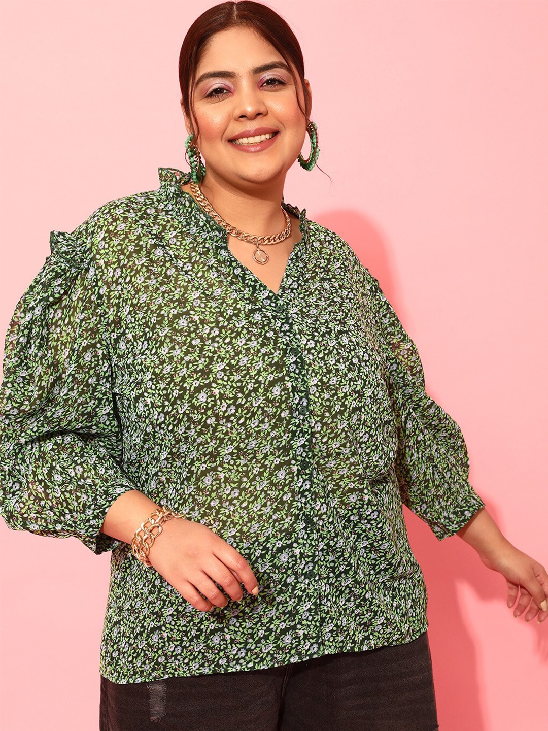 

CURVY STREET Plus Size Floral Printed Puff Sleeves Satin Top, Green