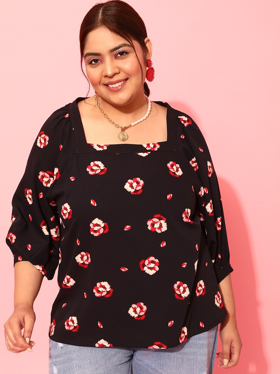 

CURVY STREET Plus Size Floral Printed Top, Navy blue