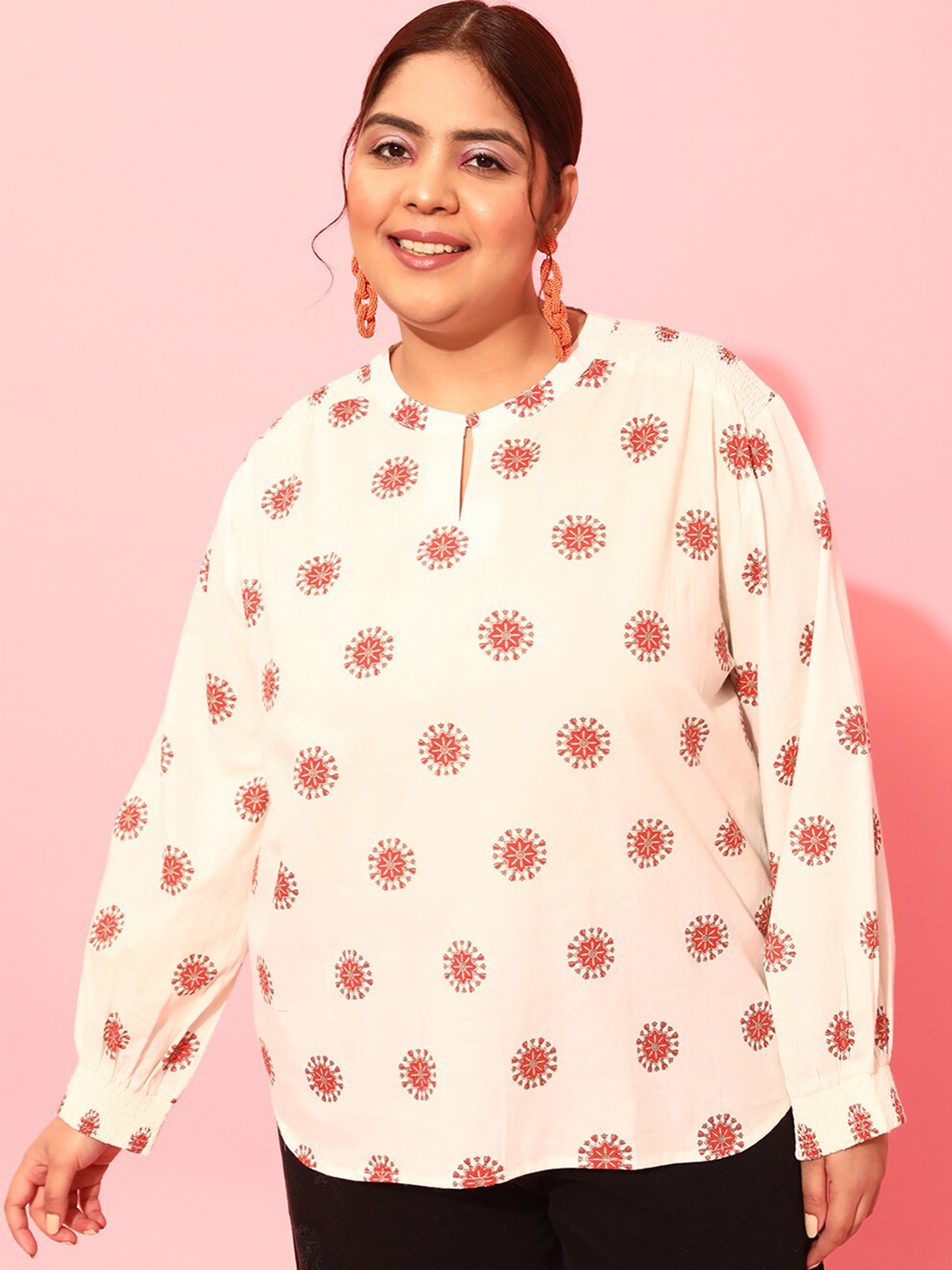 

CURVY STREET Plus Size Floral Printed Smocked Shirt Style Top, Cream