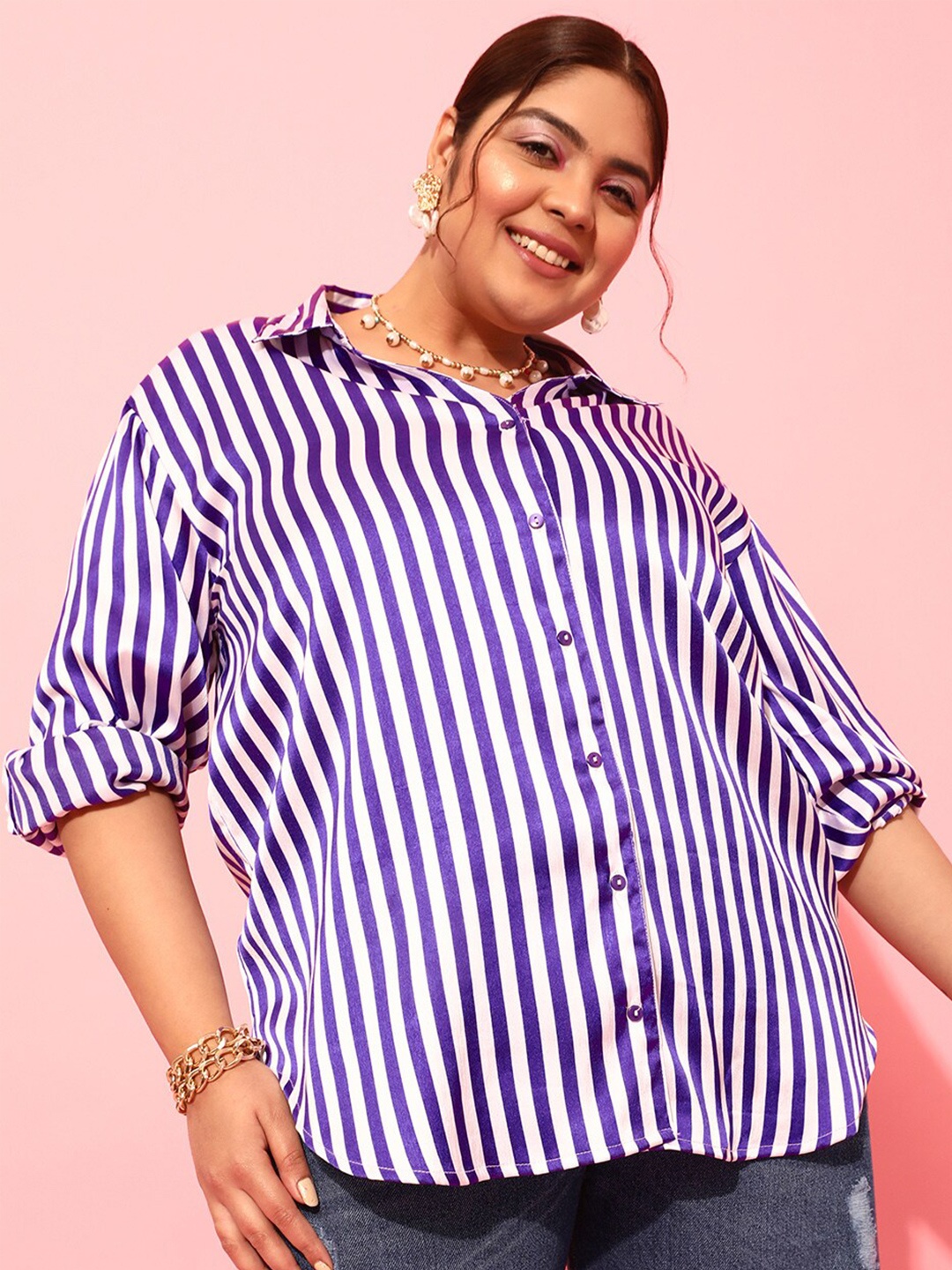 

CURVY STREET Plus Size Comfort Fit Striped Casual Satin Shirt, Purple