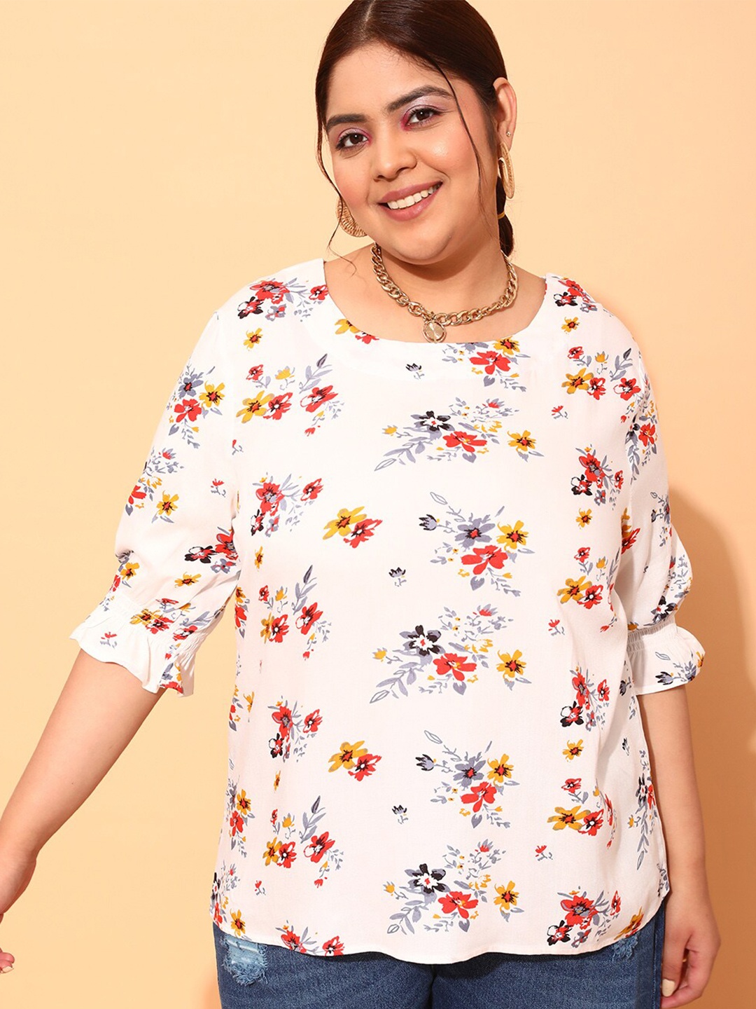 

CURVY STREET Plus Size Floral Printed Top, Cream