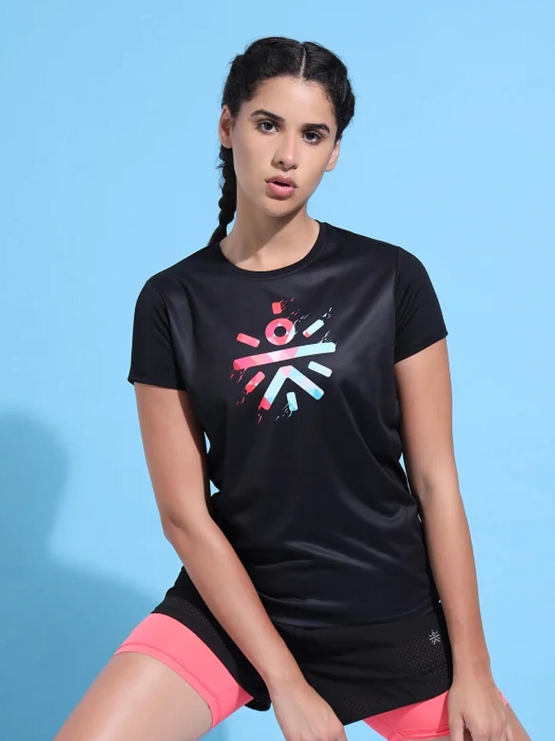 

Cultsport Women Dual-Tone Brand Logo Printed Moisture Wicking Workout Sports T-Shirt, Black