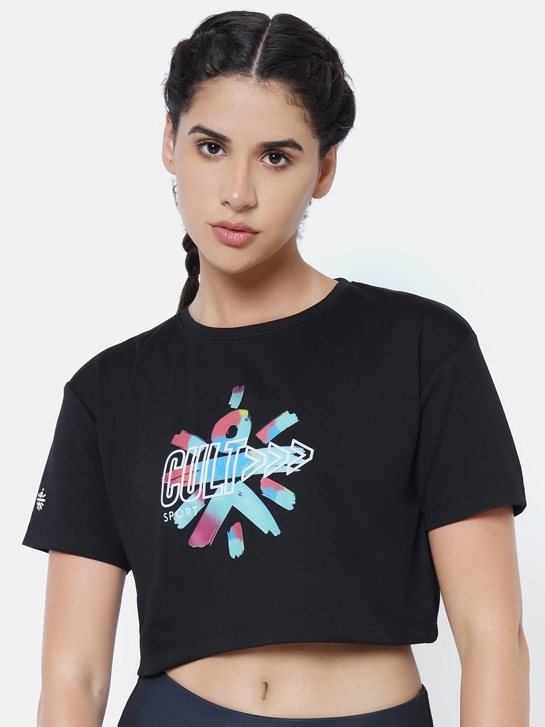 

CULT Graphic Print Cropped Gym T-shirt, Black