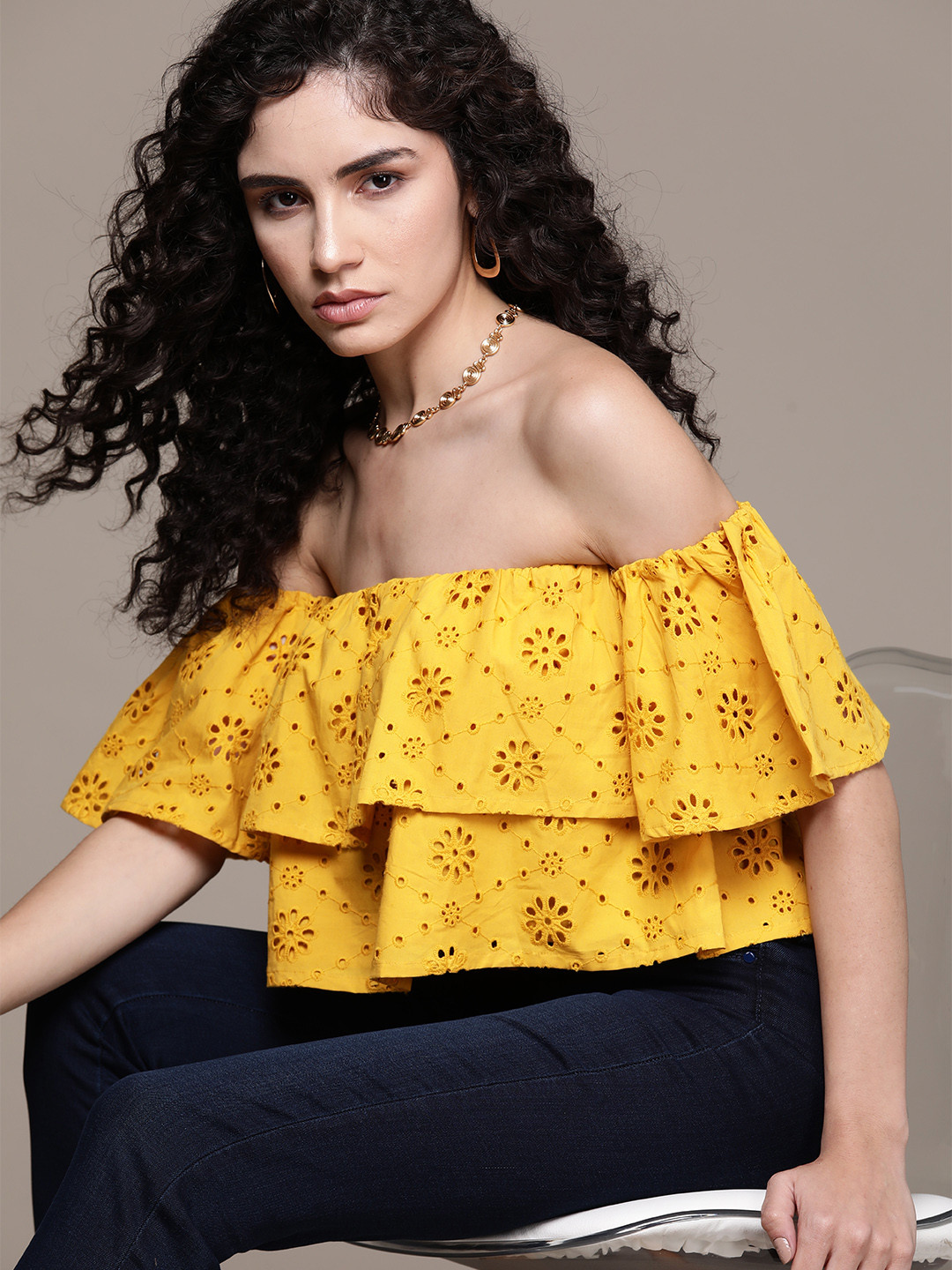 

bebe Schiffli Embroidered Pure Cotton Layered Bardot Crop Top, Mustard
