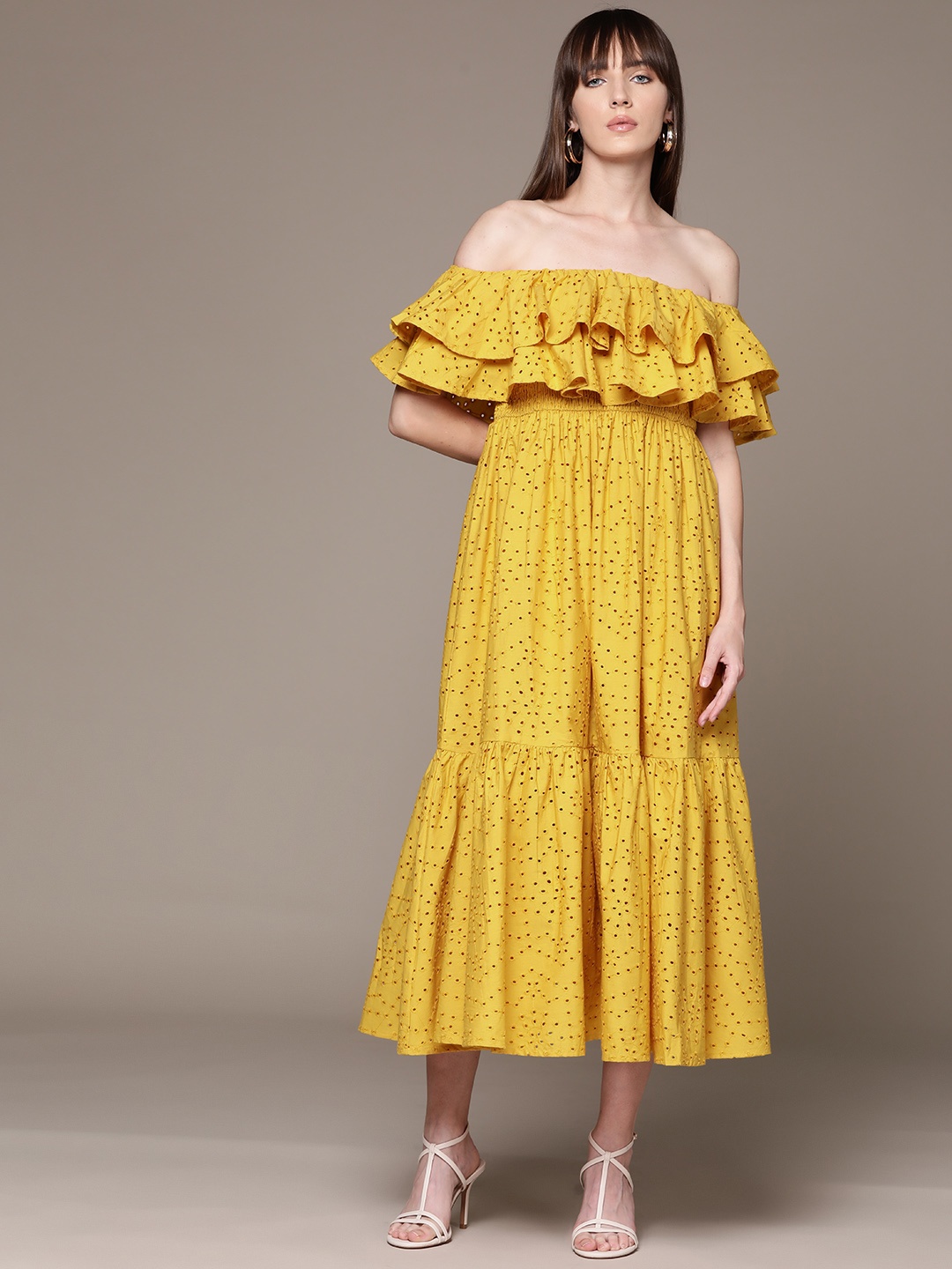 

bebe Holiday Pure Cotton Off-Shoulder Schiffli A-Line Maxi Dress, Mustard