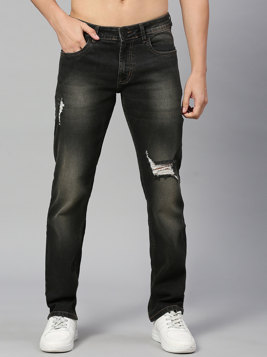 

HERE&NOW Men Black Smart Slim Fit Mildly Distressed Heavy Fade Stretchable Jeans