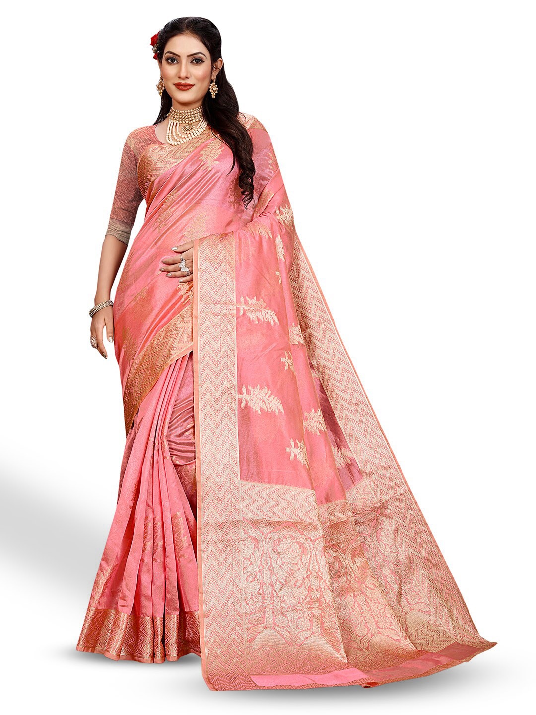 

Pisara Ethnic Motifs Woven Design Organza Saree, Rose gold